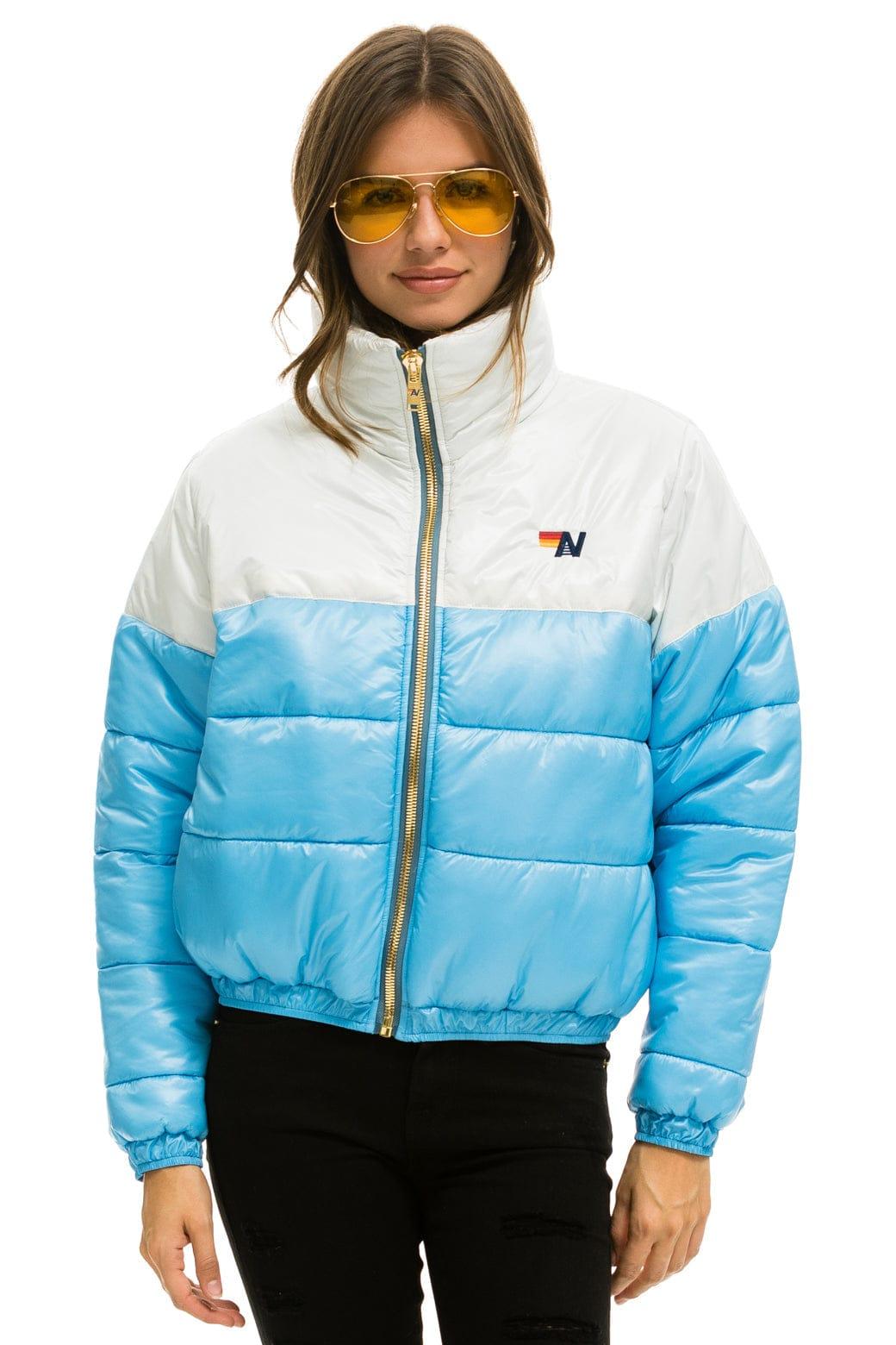 COLOR BLOCK HALF AND HALF APRES PUFFER JACKET - WHITE GLOSSY Female Product Image