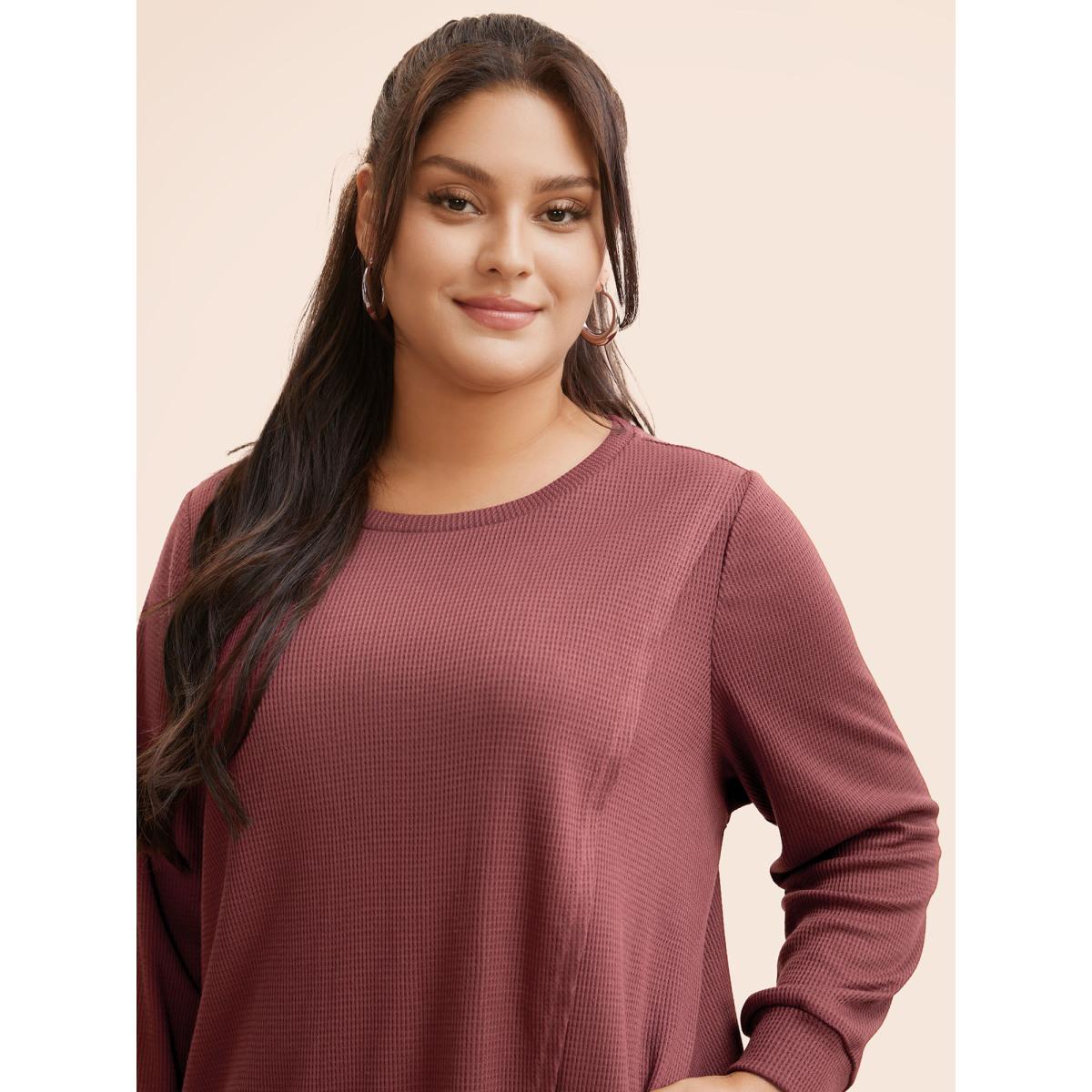 Plus Size Solid Waffle Knit Overlap Hem T-shirt DustyPink Women Casual Overlapping Round Neck Everyday T-shirts BloomChic 30/6X Product Image