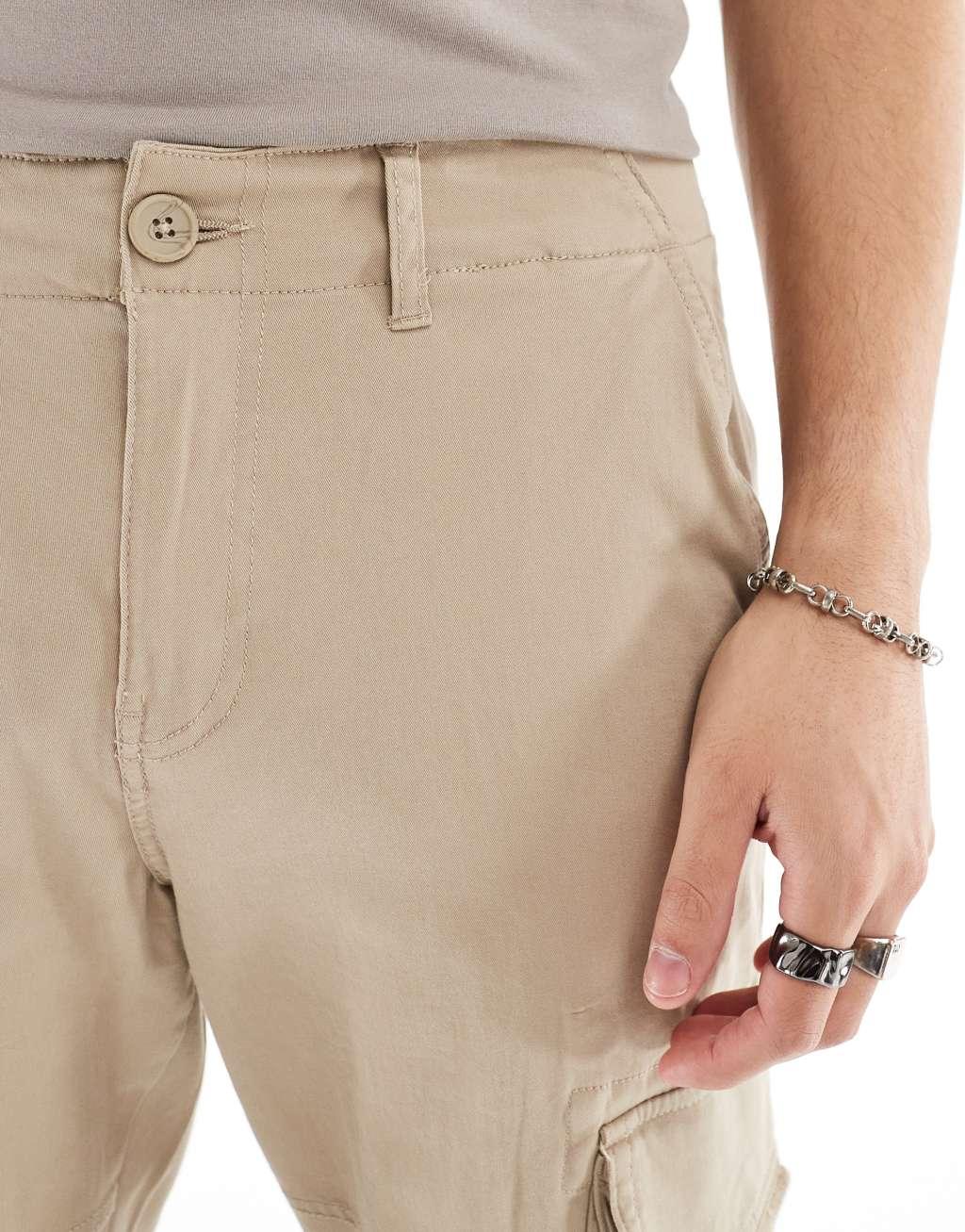 Only & Sons slim fit cargo pants in beige Product Image