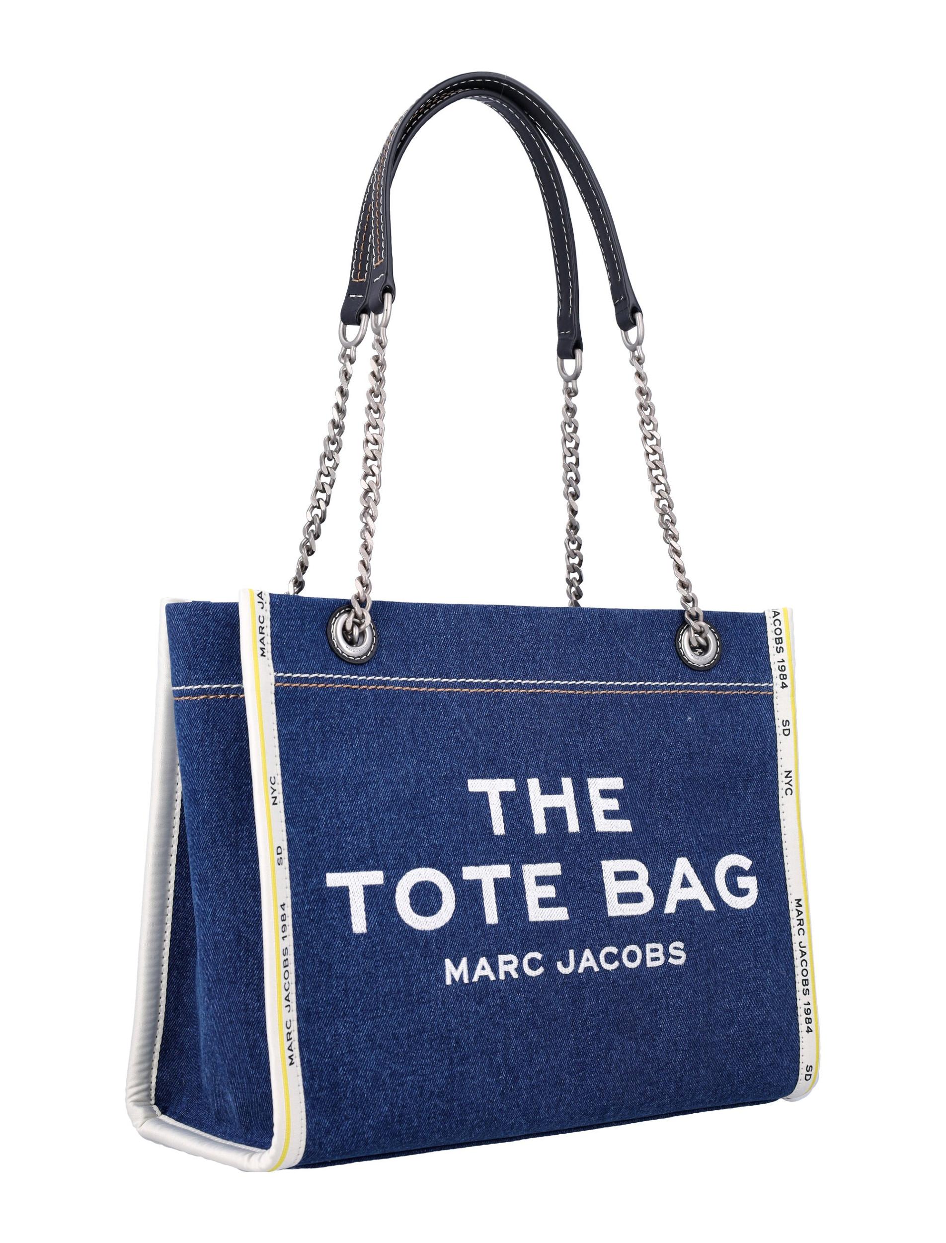 MARC JACOBS The Medium Tote In Blue Denim With Embroidered Logo In Dark Wash Product Image