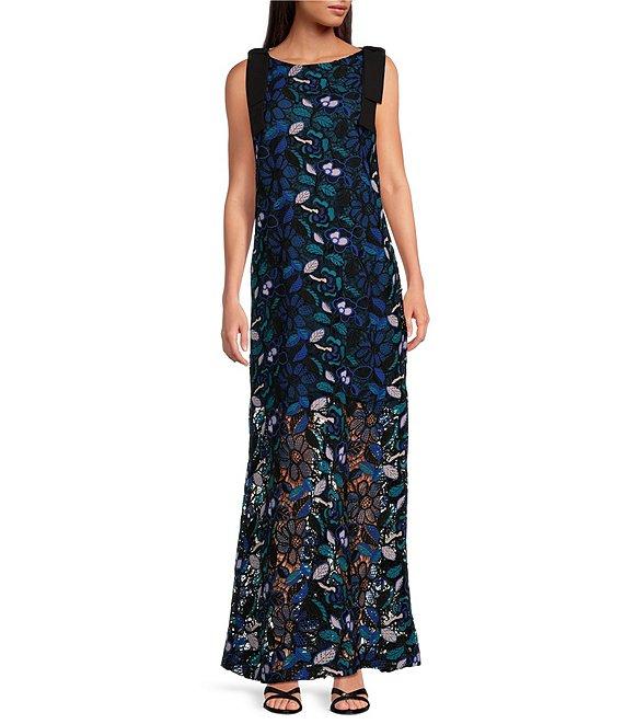 Abbey Glass Michelle Floral Lace High Boat Neck Bow Shoulder Sleeveless Shift Gown Product Image