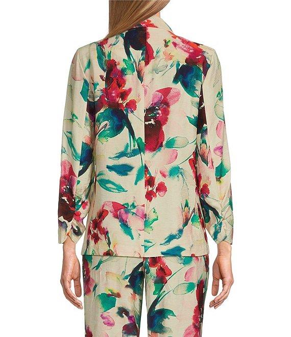 Investments Floral 3/4 Ruched Sleeve Open Lapel Front Jacket Product Image