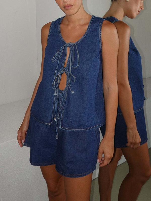 Loose Sleeveless Lace-Up Split-Joint Round-Neck Vest Top Product Image