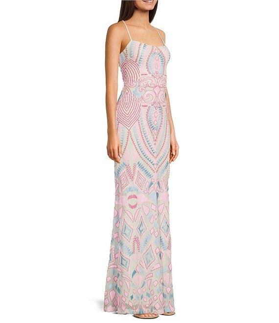 Next Up Printed Scoop Neck Spaghetti Strap Front Slit Dress Product Image