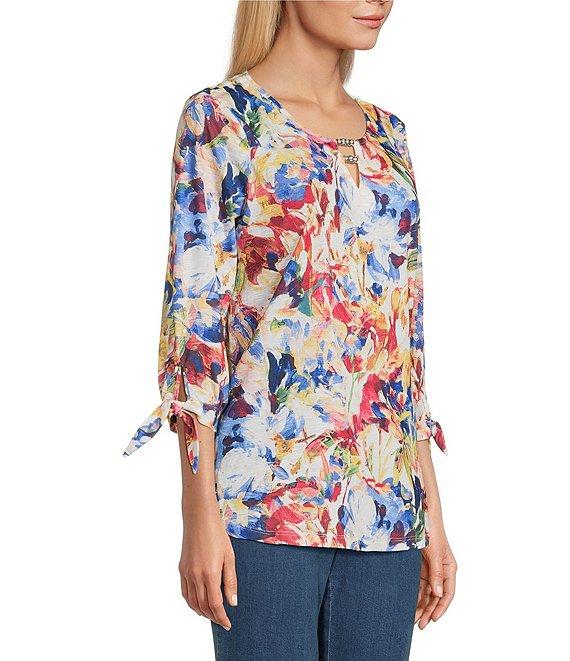 Allison Daley Flower Swirl 3/4 Tie Sleeve Keyhole Neck Knit Top Product Image