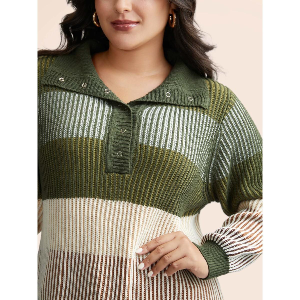 Plus Size Polo Neck Texture Contrast Button Up Pullover ArmyGreen Women Casual Loose Long Sleeve Polo Everyday Pullovers BloomChic 26/4X Product Image