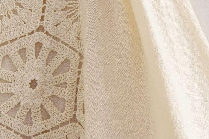 Long-Sleeve V-Neck Crochet Panel Wide Leg Romper Product Image