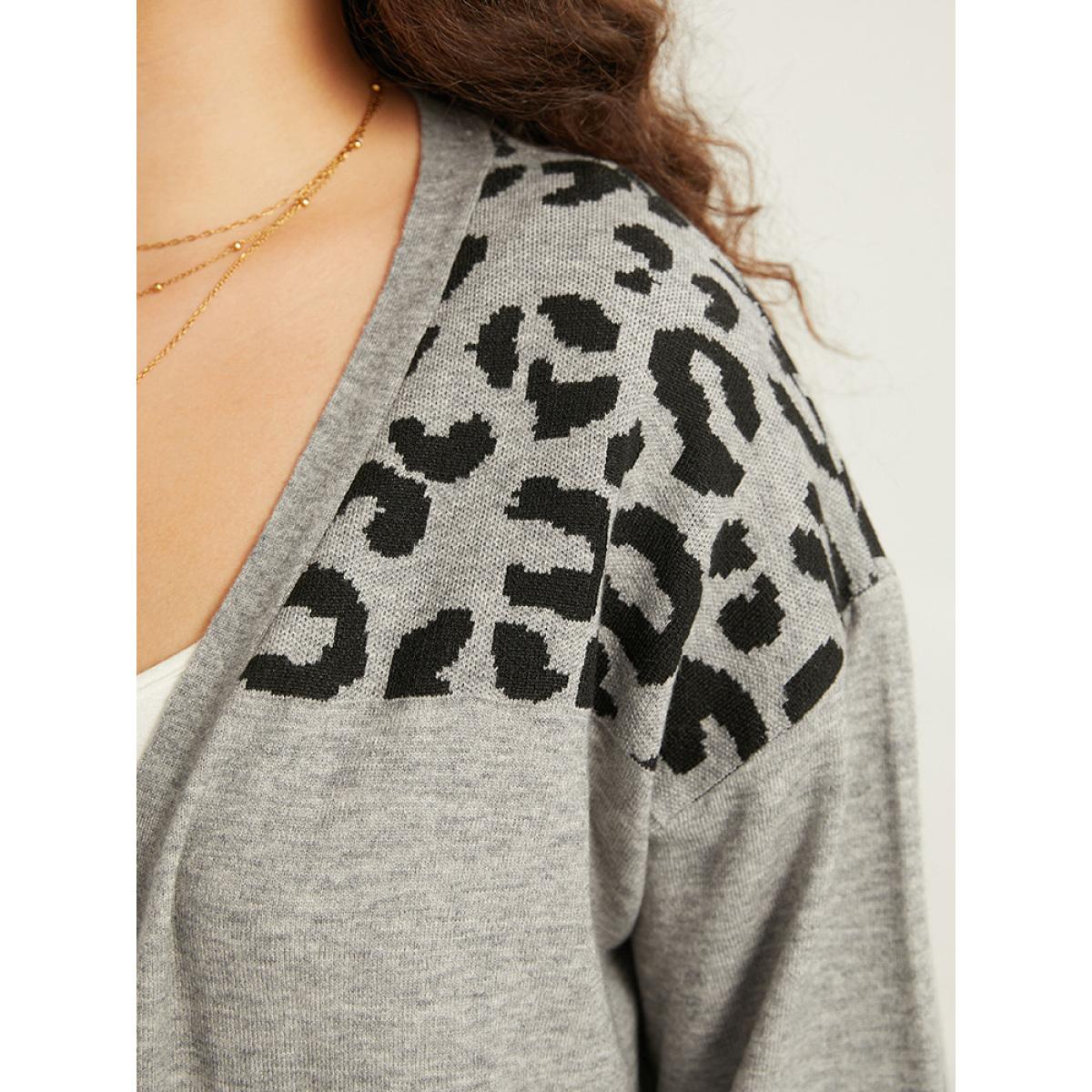 Plus Size Supersoft Essentials Leopard Contrast Elastic Cuffs Pullover DarkGray Women Casual Loose Long Sleeve Dailywear Cardigans BloomChic 28/5X Product Image