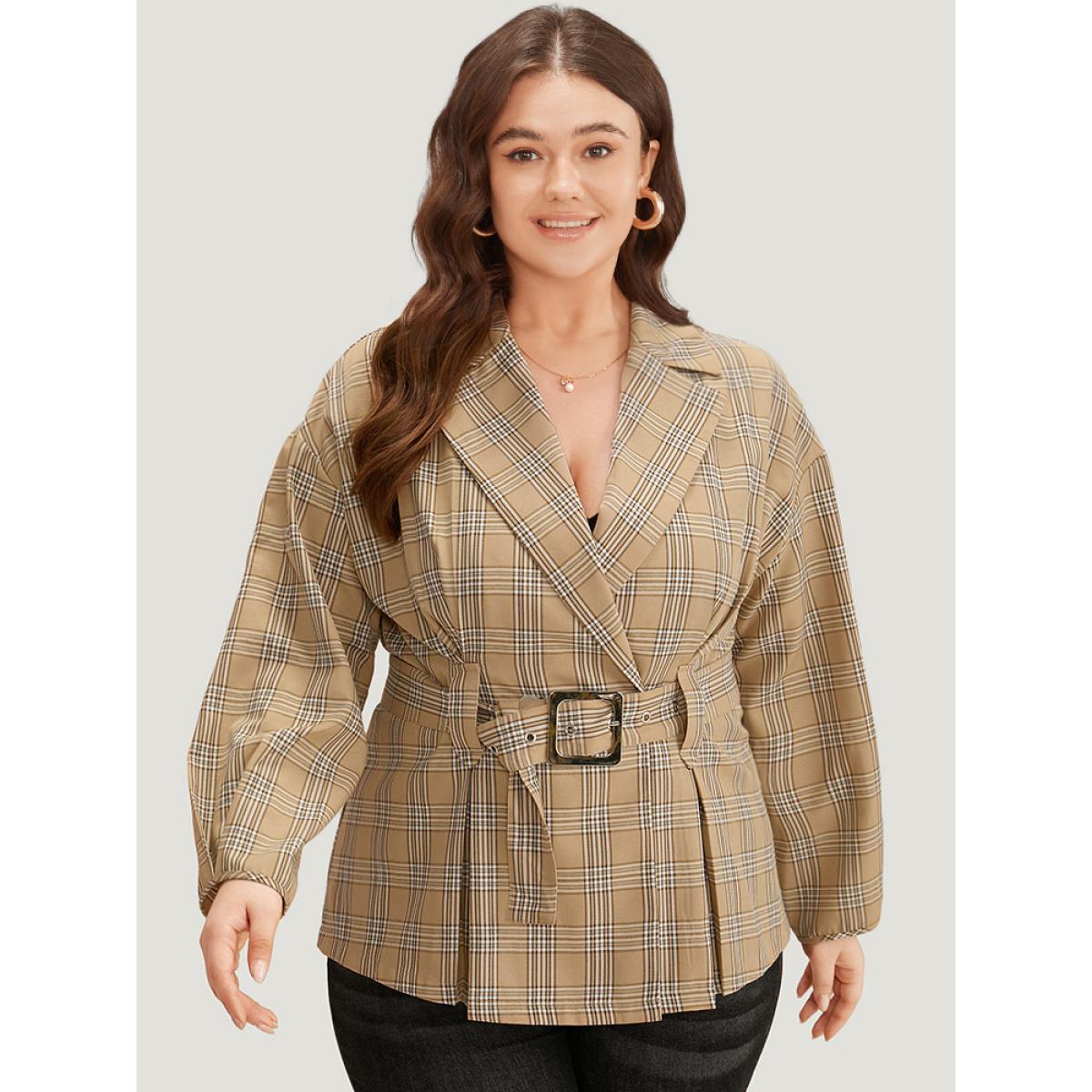Plus Size Plaid Metal Buckle Detail Pleated Coat Women Tan Casual Belted Ladies Dailywear Winter Coats BloomChic 22-24/3X Product Image