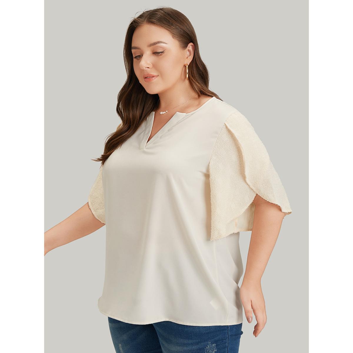 Plus Size Ivory Anti-Wrinkle Solid Patchwork Petal Sleeve Notched Blouse Women Office Half Sleeve Notched collar Work Blouses BloomChic 18-20/2X Product Image