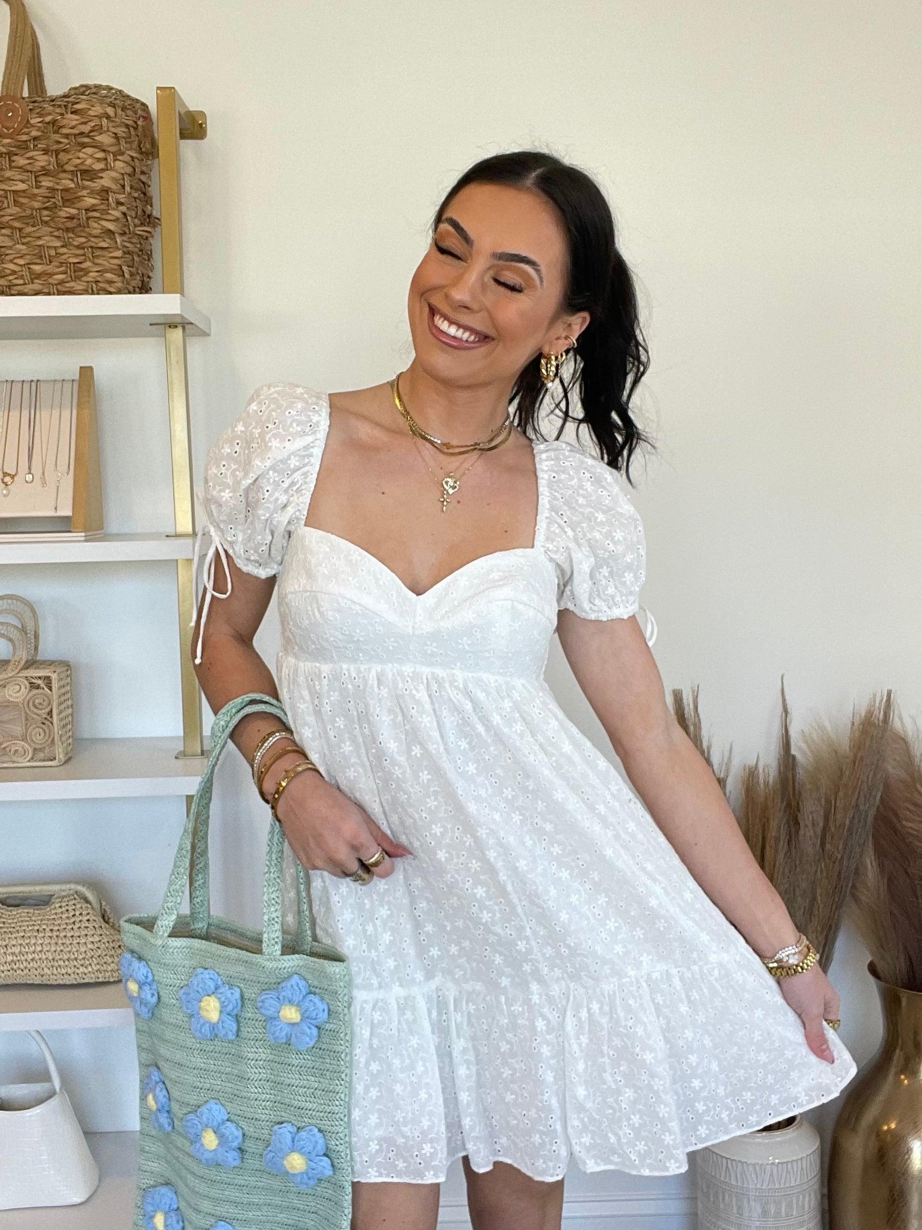 FINAL SALE Bardot Eyelet Babydoll Dress | White Product Image