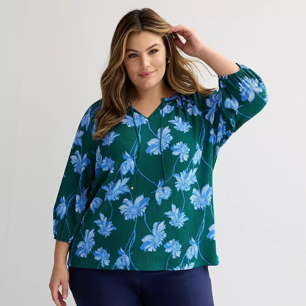 Plus Size Croft & Barrow® 3/4-Sleeve Peasant Top, Women's, Size: 2XL, Green Floral Product Image