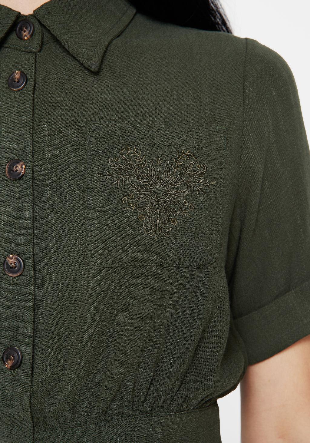 Foliate Linen-Blend Embroidered Short Sleeve Crop Shirt - Green Product Image