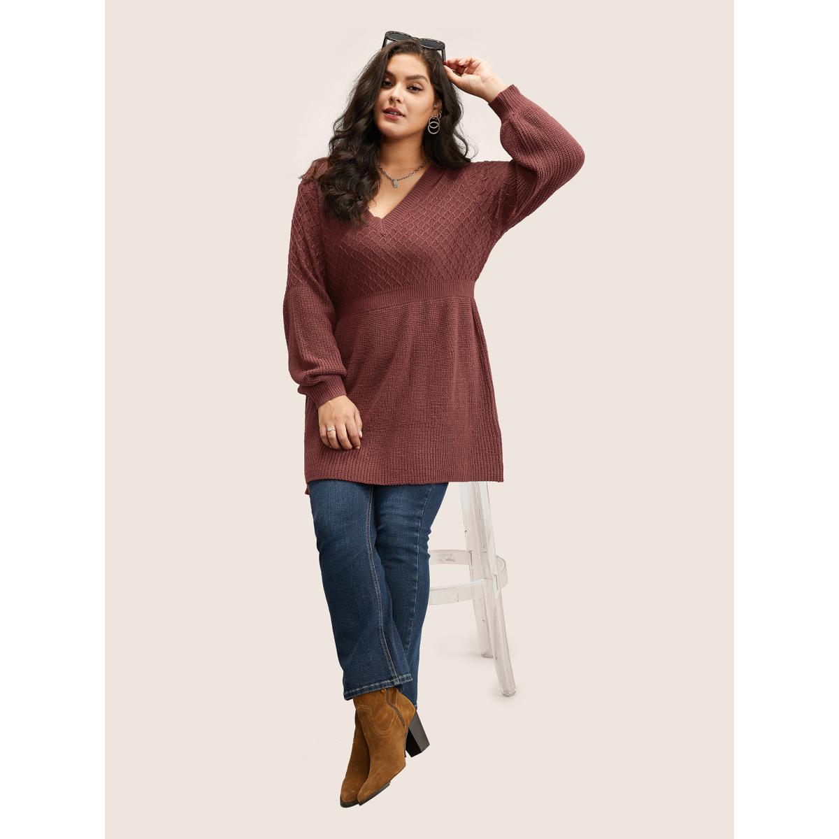 Plus Size Plain Plisse Lantern Sleeve A Line Pullover Rust Women Elegant Long Sleeve V-neck Everyday Pullovers BloomChic 18-20/2X Product Image