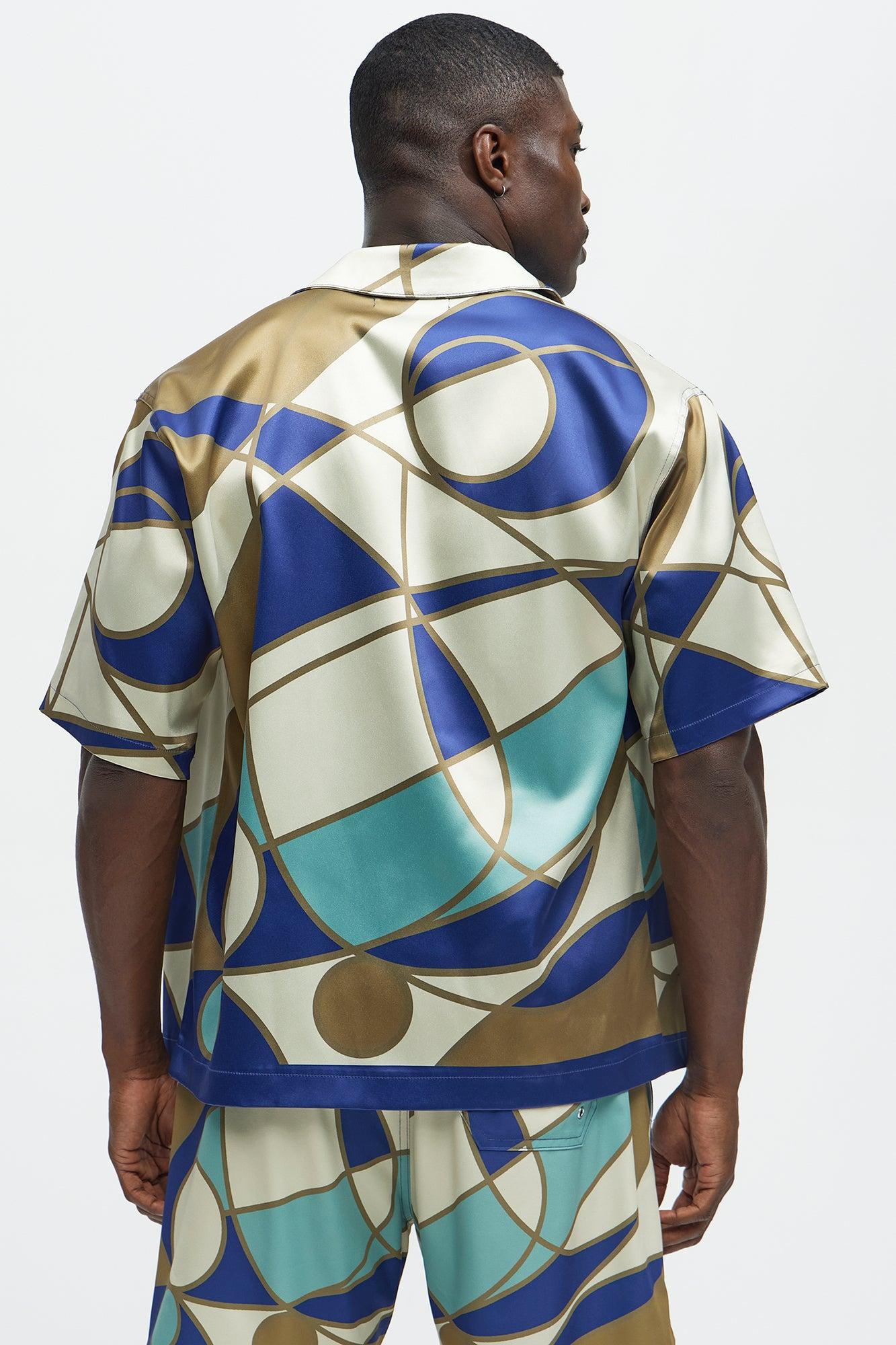 Geometric Paneled Cuban Collar Button Up Shirt - Multi Color Product Image