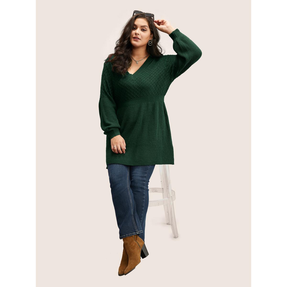 Plus Size Plain Plisse Lantern Sleeve A Line Pullover DarkGreen Women Elegant Long Sleeve V-neck Everyday Pullovers BloomChic 28/5X Product Image