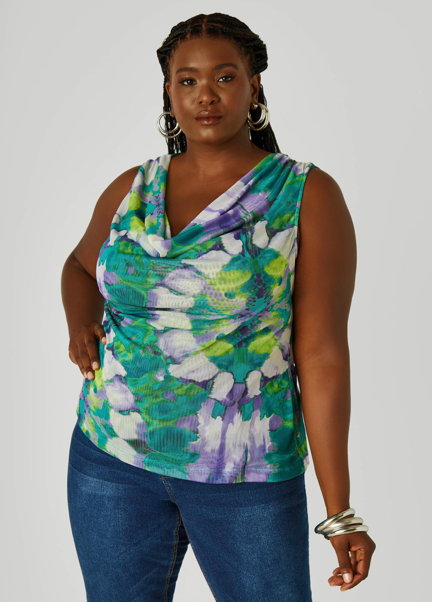 Plus Size Cowl Neck Printed Mesh Top Ashley Stewart Product Image