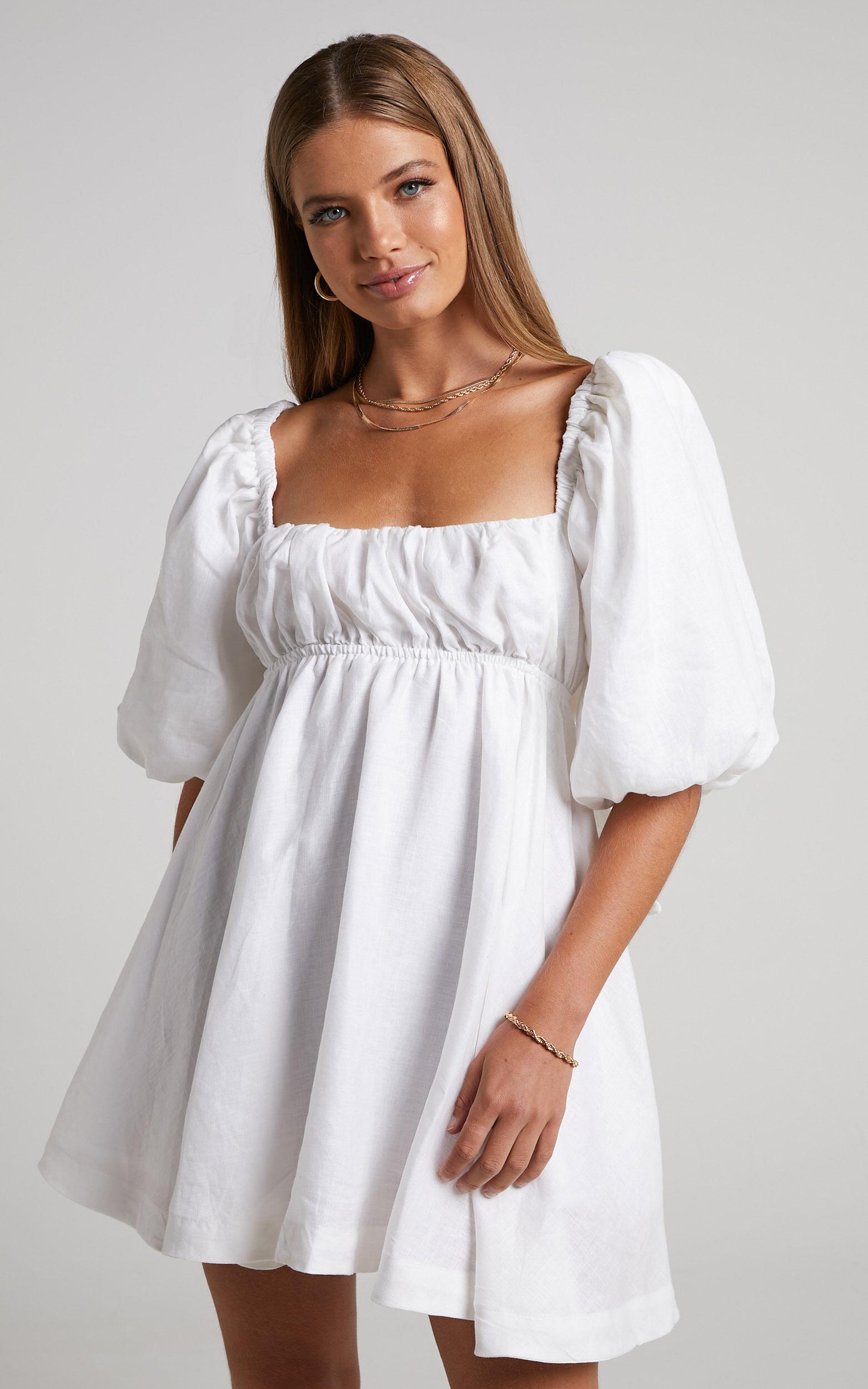 Amalie The Label - Hamyya Linen Tie Back Puff Sleeve Mini Linen Dress in White Product Image