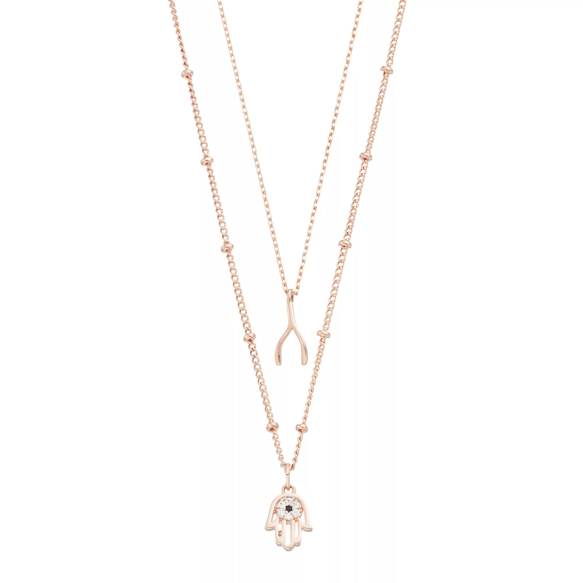 City Luxe 18k Rose Gold-Plated Cubic Zirconia Wishbone & Hamsa Duo Pendant Necklace Set, Women's, Rose Gold Tone Clear Product Image