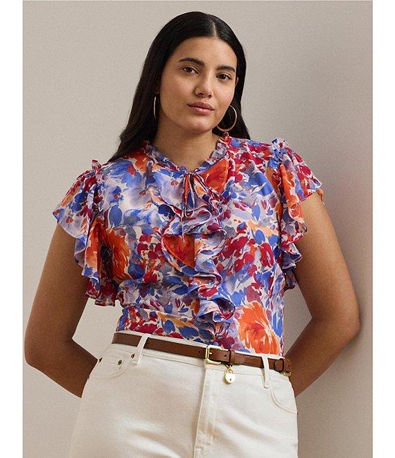 Lauren Ralph Lauren Plus Size Georgette Floral Ruffle Trim V-Neck Flutter Sleeve Blouse Product Image