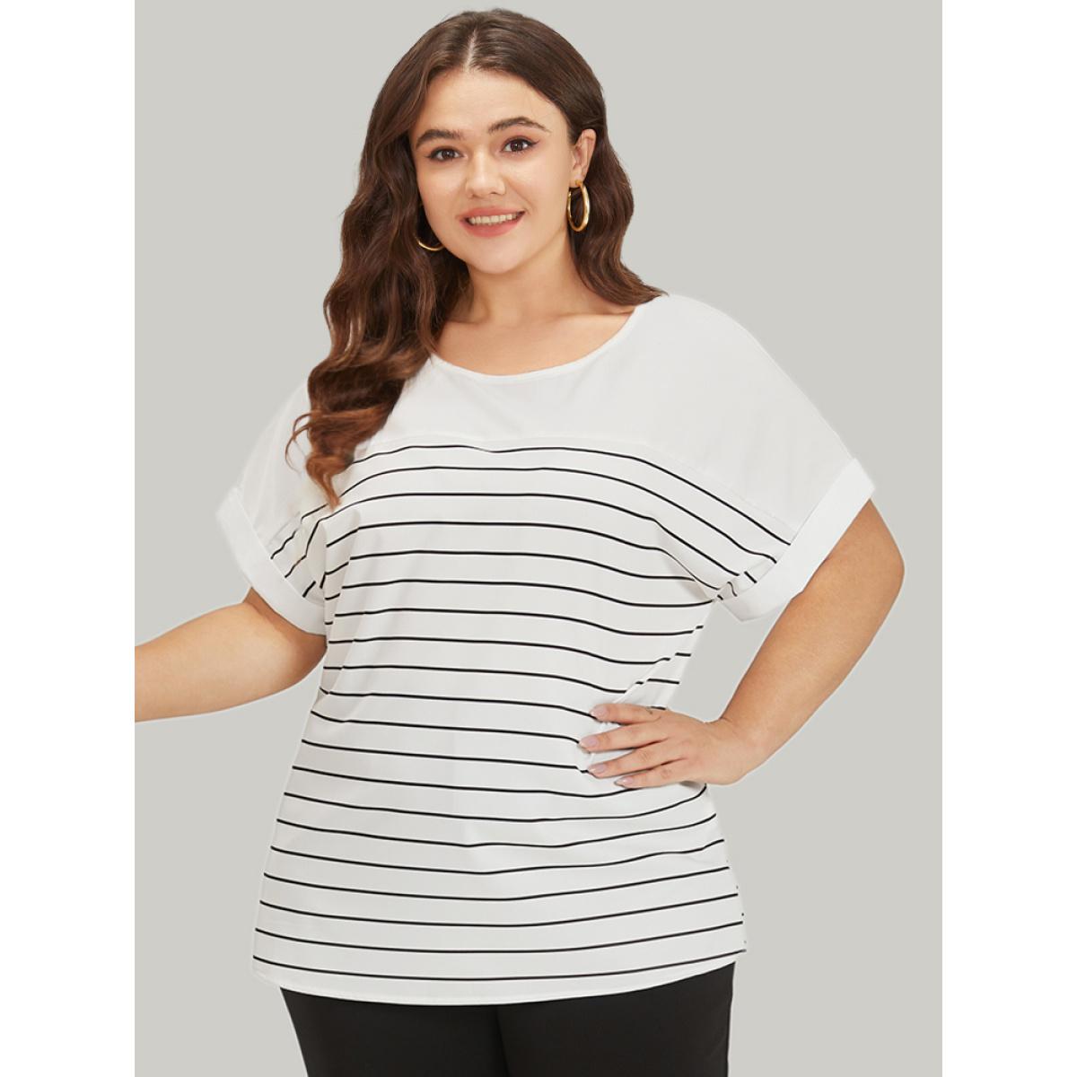 Plus Size White Striped Patchwork Roll Batwing Sleeve Blouse Women Office Short sleeve Round Neck Work Blouses BloomChic 22-24/3X Product Image