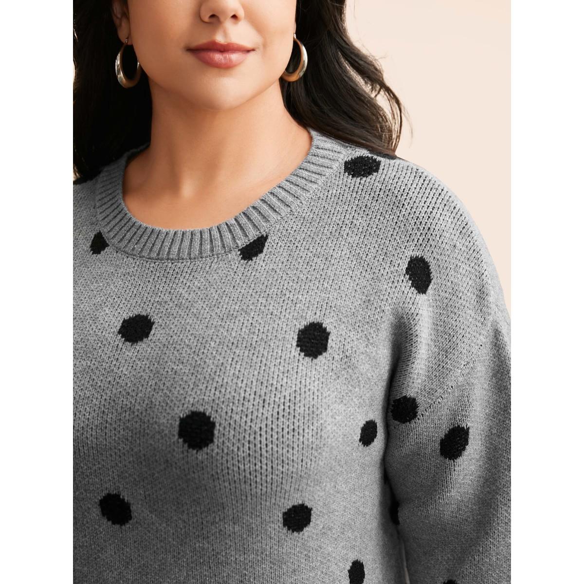 Plus Size Polka Dot Drop Shoulder Sleeve Pullover Mediumgray Women Casual Loose Long Sleeve Round Neck Everyday Pullovers BloomChic 10/M Product Image