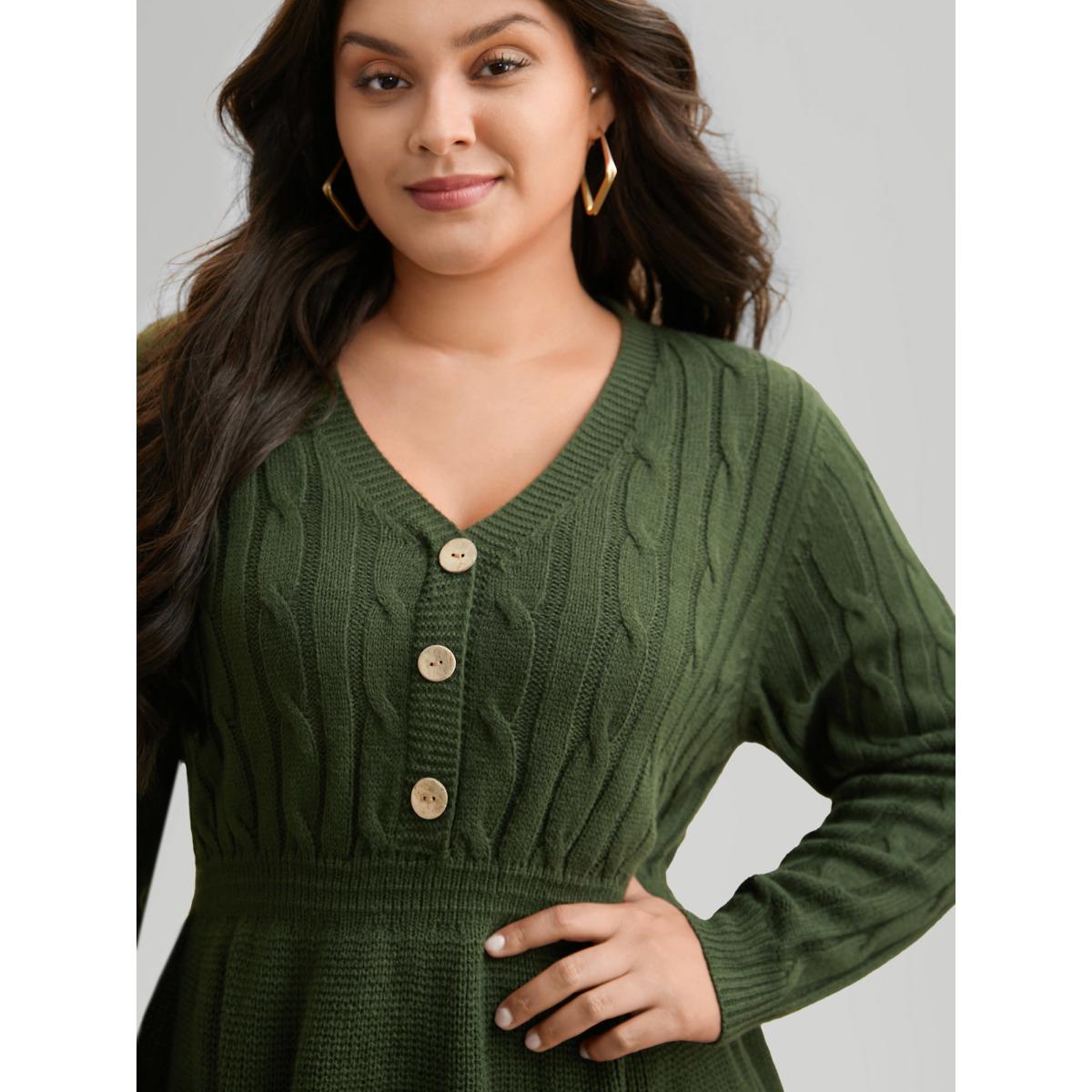 Plus Size Texture Cable Knit Button Detail Pullover ArmyGreen Women Timeless Bodycon Long Sleeve V-neck Elegant Pullovers BloomChic 12/L Product Image