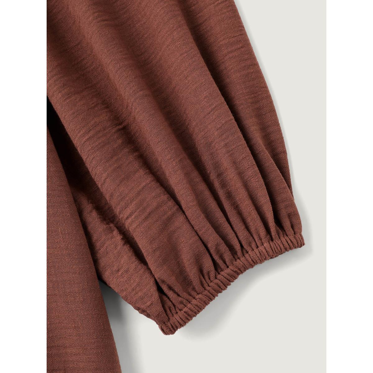 Plus Size Drawstring Neck Tiered Balloon Sleeve Midi Dress Maroon Women Boho Elastic cuffs Flat collar with V-notch Extra Long Sleeve Curvy BloomChic 18-20/2X Product Image