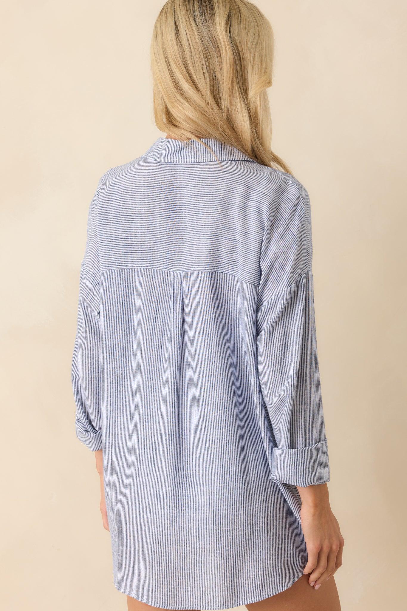 What Do You Mean Blue Stripe Linen Blend Button Front Top Product Image