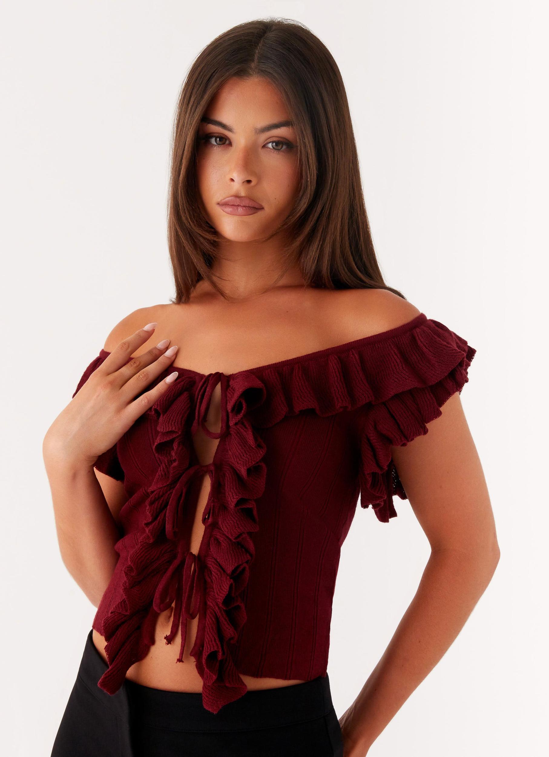 Keeta Frill Top - Burgundy Product Image