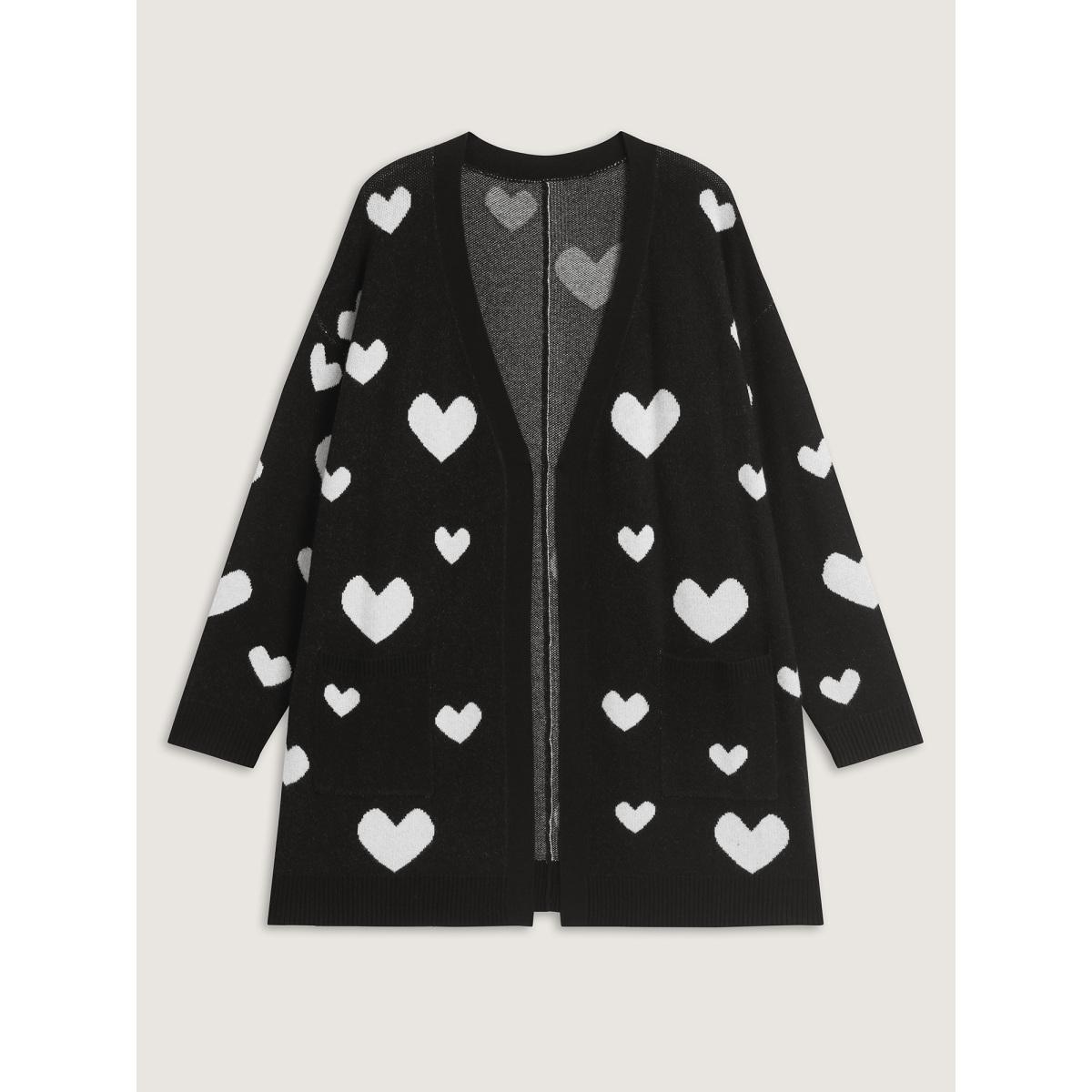 Plus Size Love Jacquard Pockets Knit Cardigan Black Women Leisure Loose Long Sleeve Casual Cardigans BloomChic 30/6X Product Image