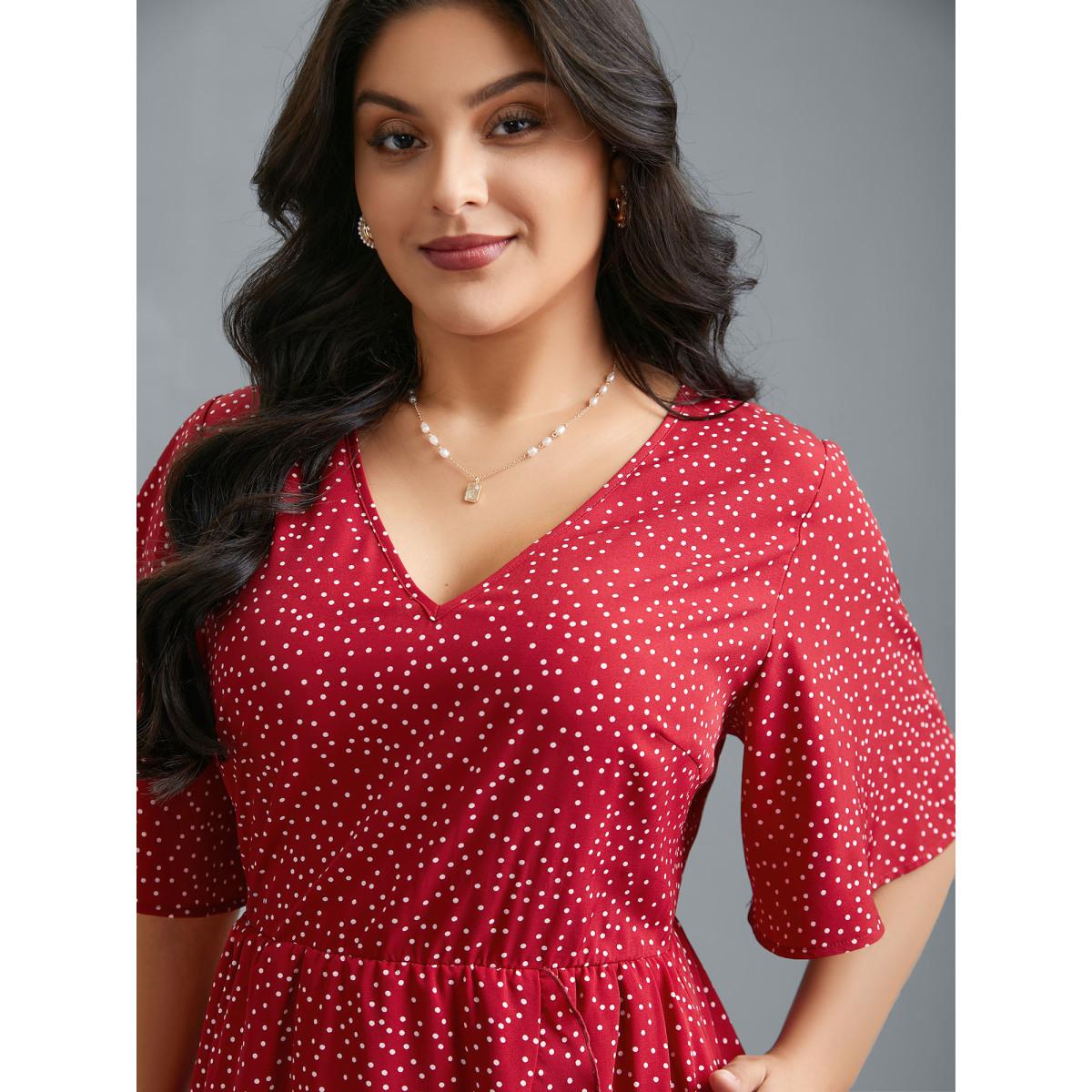 Plus Size V Neck Polka Dot Ruffle Trim Dress Scarlet Women Elegant Overlapping V-neck Half Sleeve Curvy BloomChic 28/5X Product Image