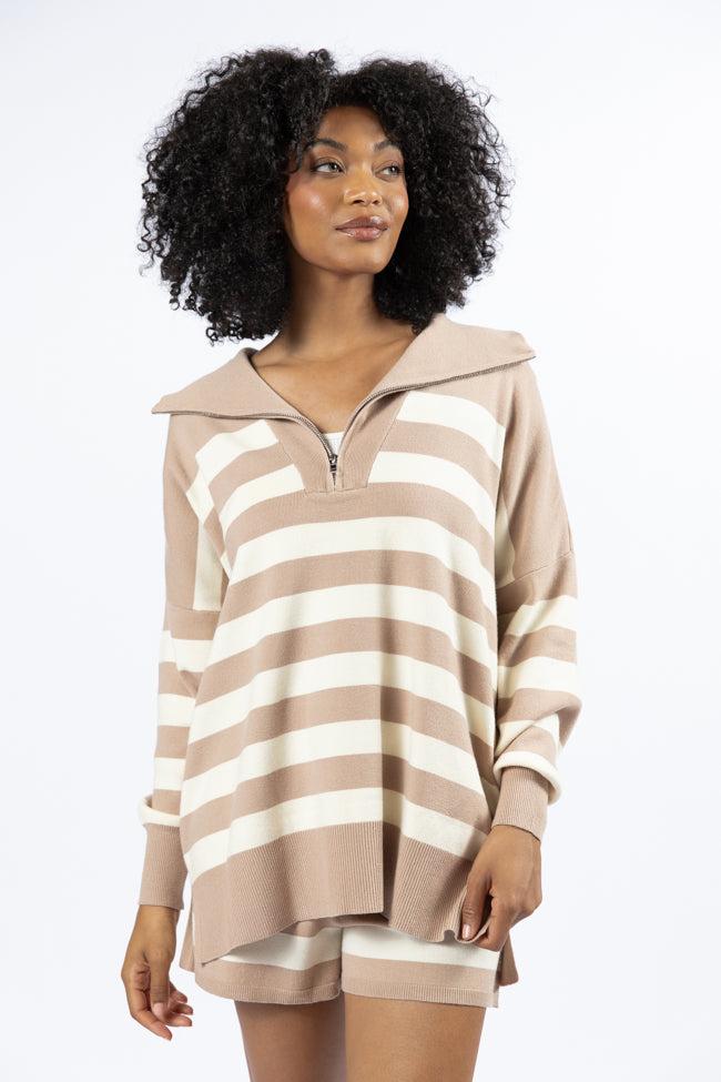 Pulling Heartstrings Taupe And Cream Striped Quarter Zip Pullover FINAL SALE Product Image