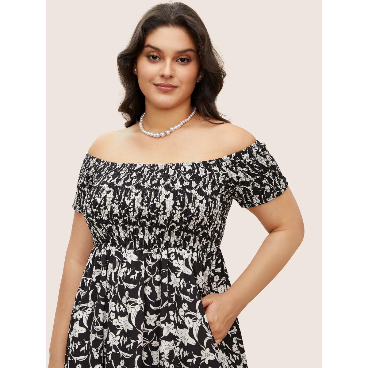 Plus Size One Shoulder Neck Floral Shirred Slit Hem Dress BlackFlower Women Elegant Slit One-shoulder neck Short sleeve Curvy Midi Dress BloomChic 12/L Product Image