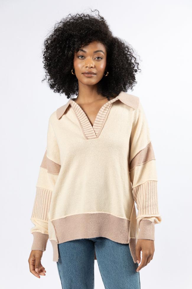 Think About It Cream and Mauve Collared Oversized Sweater Product Image
