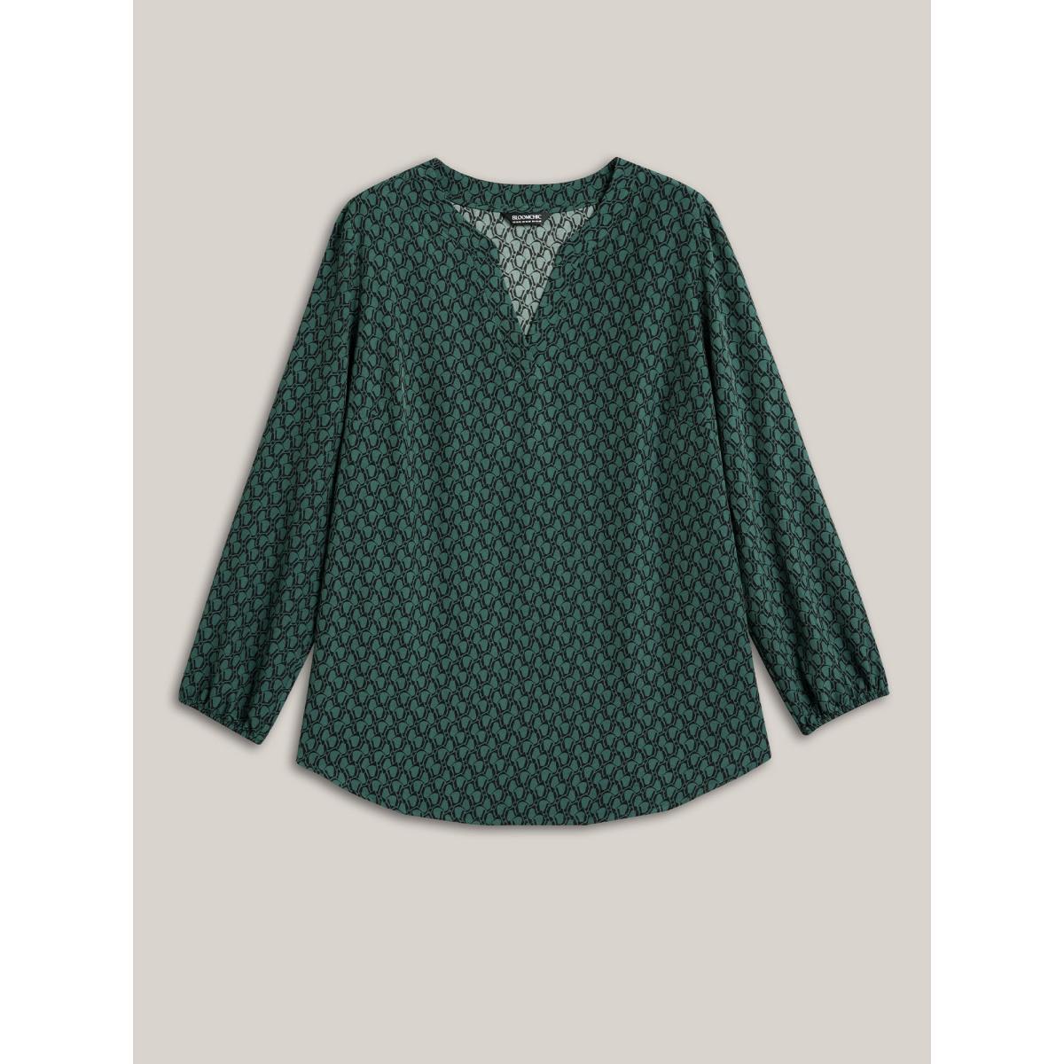 Plus Size DarkSlateGray Notched Collar Geometric Print Flowy Blouse Women Timeless Extra Long Sleeve Flat collar with V-notch Elegant Blouses BloomChic 10/M Product Image