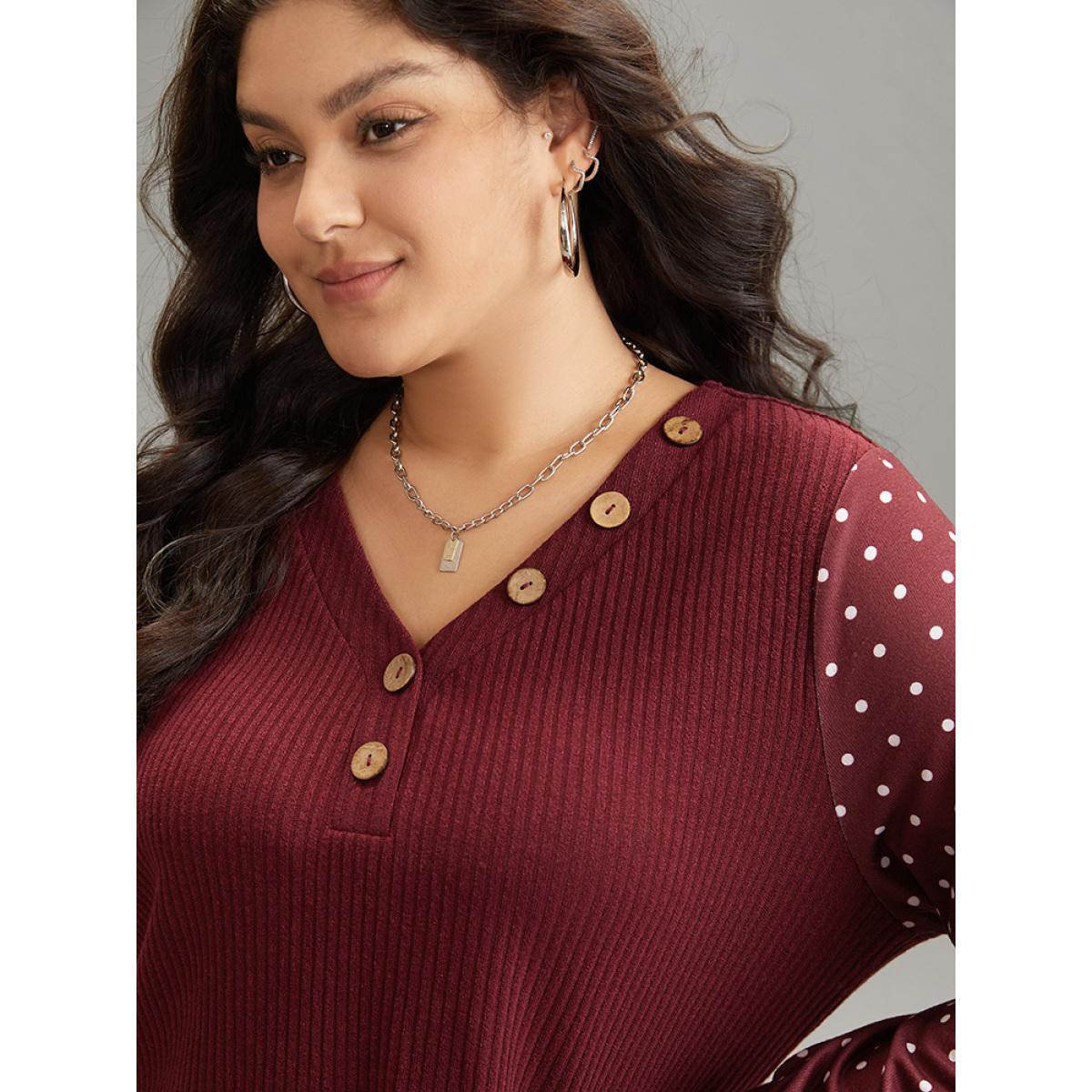 Plus Size Polka Dot Patchwork Button Detail Rib Knit T-shirt Burgundy Women Casual Texture Polka Dot V-neck Dailywear T-shirts BloomChic 30/6X Product Image