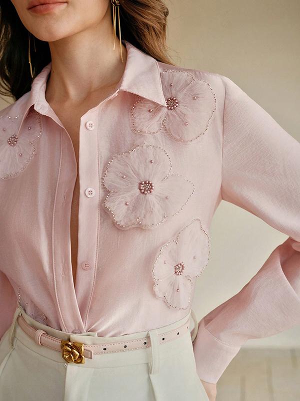 Long Sleeves Applique Split-Joint Lapel Blouses&Shirts Tops Product Image