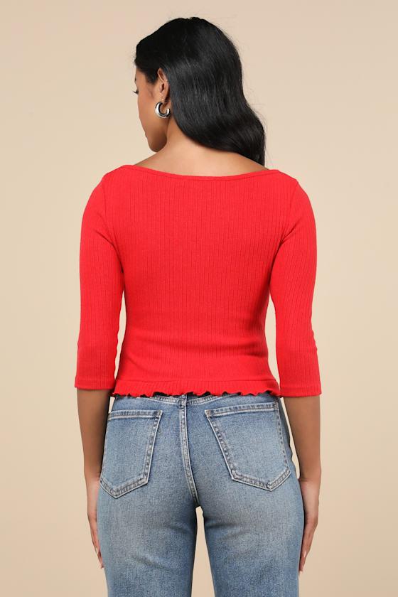Harpan Red Ribbed Rosette Crop Top Product Image