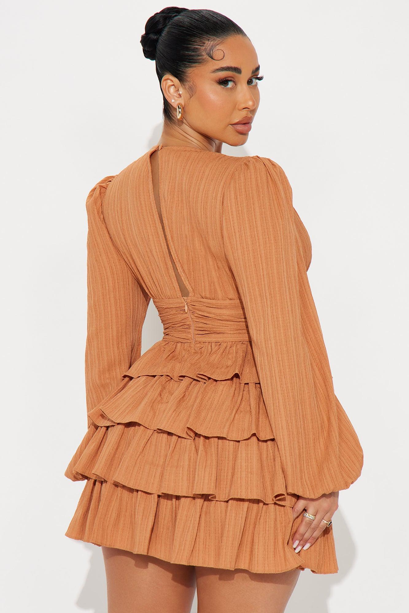 Valeria Textured Ruffle Mini Dress - Rust Product Image