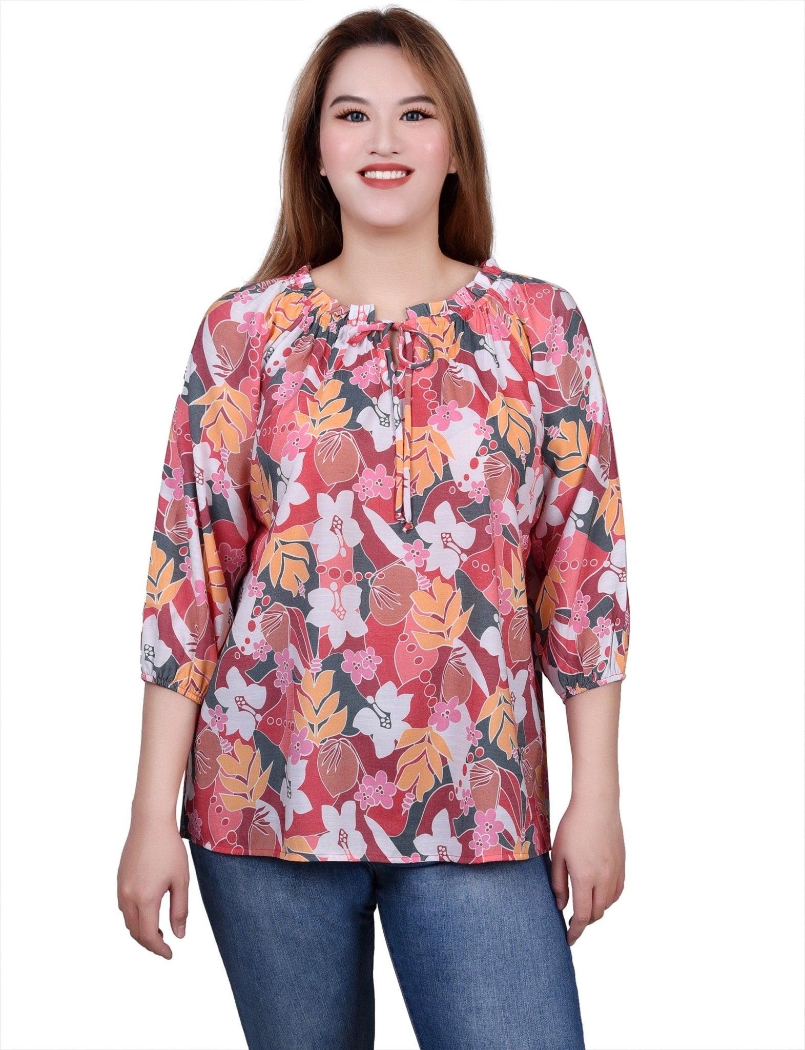 3/4 Length Sleeve Drawstring Neck Blouse - Petite Product Image