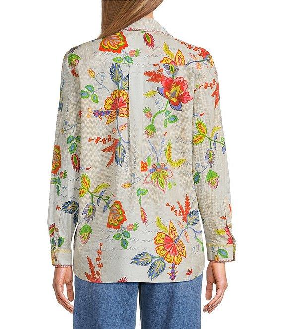 John Mark Embroidered Floral Point Collar Long Roll-Tab Sleeve Button Front Blouse Product Image