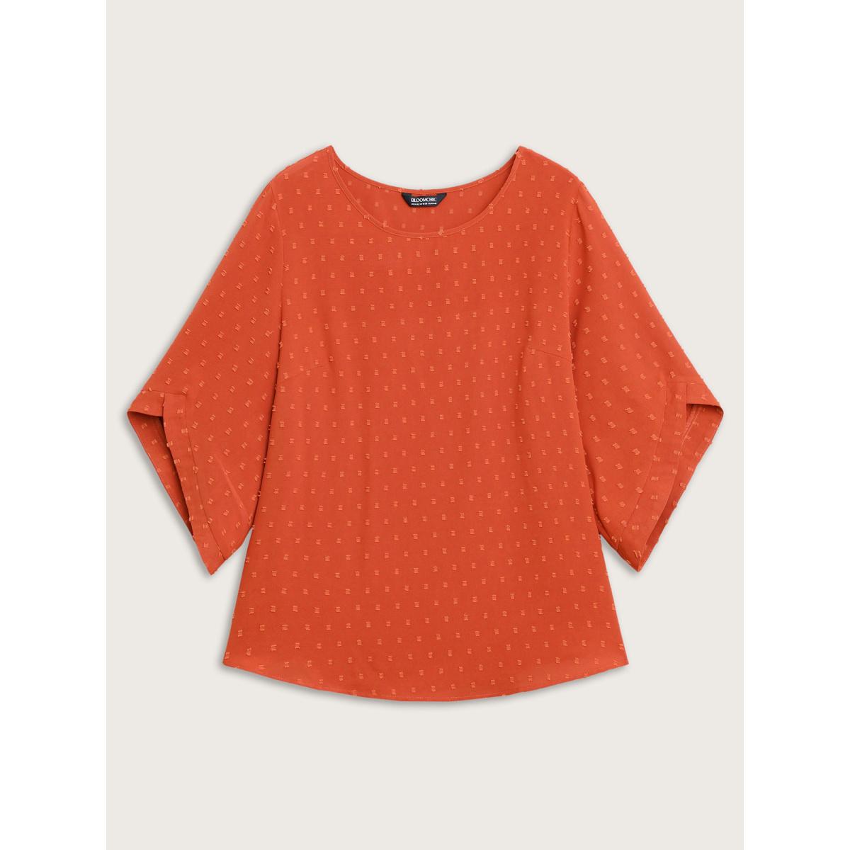 Plus Size OrangeRed Textured Round Neck Bell Sleeve Blouse Women Timeless Elbow-length sleeve Round Neck Elegant Blouses BloomChic 30/6X Product Image