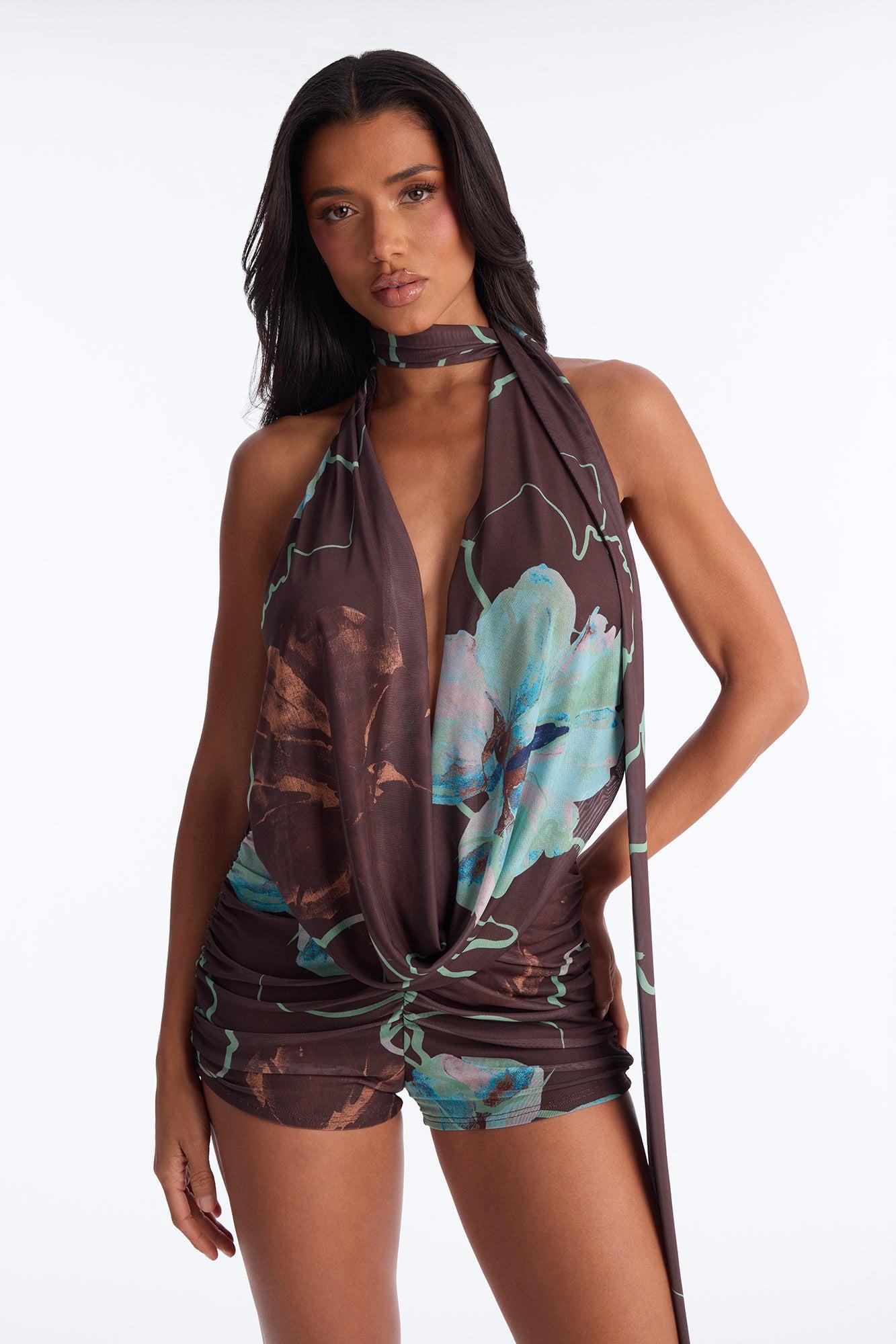 Malia Cowl Neck Mesh 2 Piece Romper - Brown Female Product Image