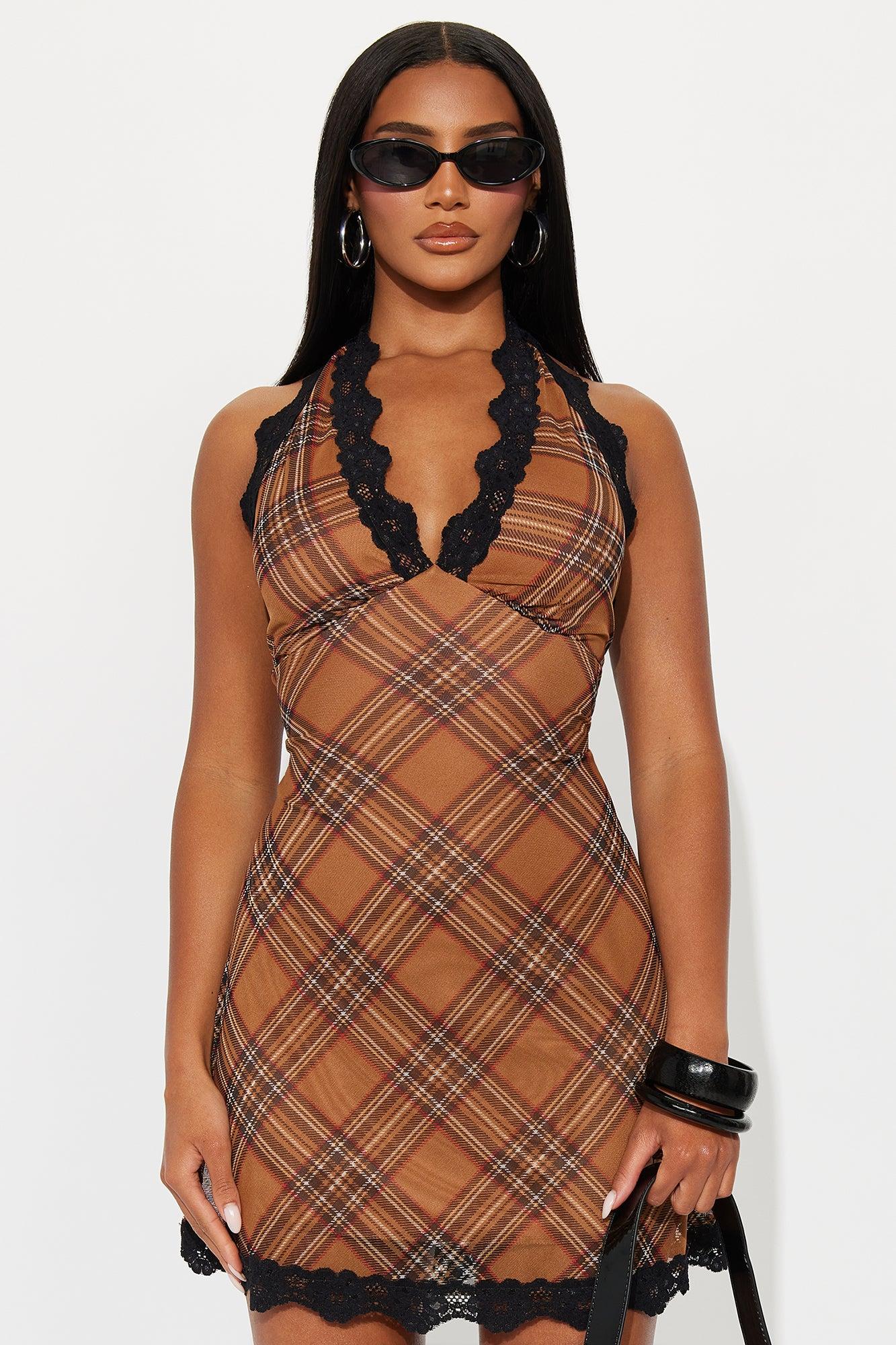 Hayley Plaid Mesh Mini Dress - Brown Female Product Image