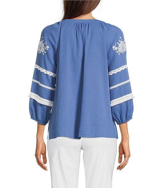Ali Miles Woven Floral Embroidered Y-Neck 3/4 Sleeves Lace Trim Tunic Product Image