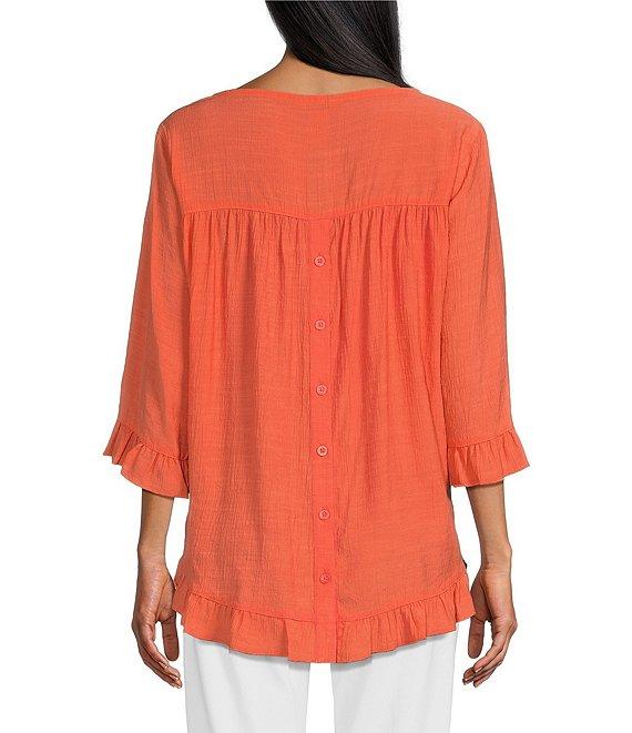 Multiples Solid Crinkle Woven Scoop Neck 3/4 Sleeve Hi-Low Hem Ruffle Top Product Image