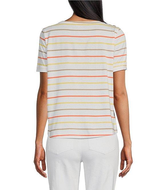 Multiples Petite Size Yarn-Dye Jersey Knit Stripe Boat Neck Elbow Sleeve Fitted Top Product Image