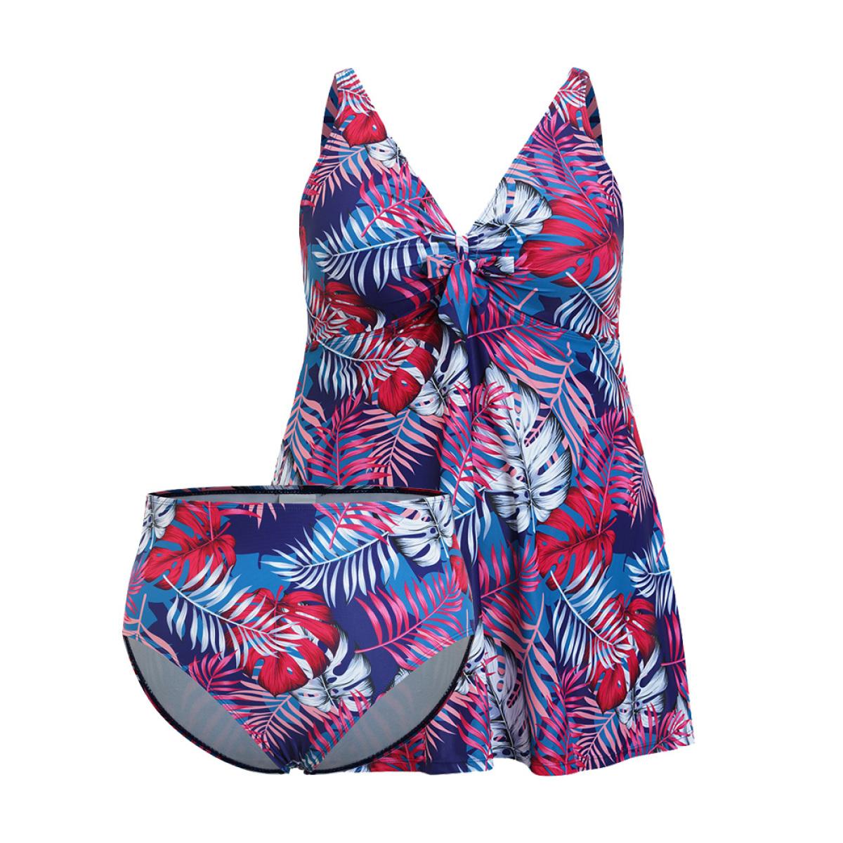 Plus Size Tropical Print Knotted Front Swim Dress Women's Swimwear Indigo Vacation Bodycon V-neck High stretch Curve Swim Dresses BloomChic 12/L Product Image