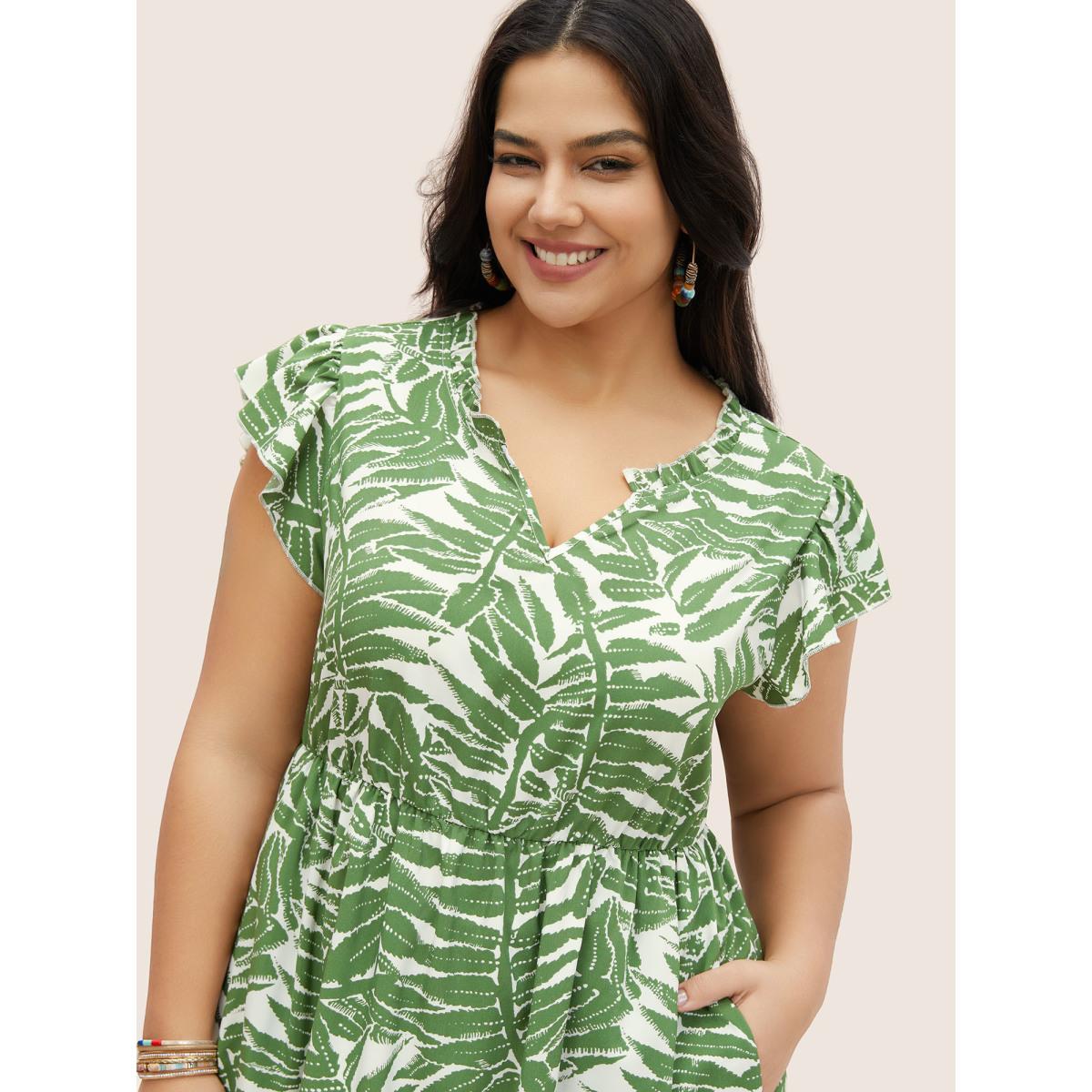 Plus Size Tropical Print Ruffle Cap Sleeve Patchwork Ruffles Dress Moss Women Resort Patchwork Flat collar with V-notch Cap Sleeve Curvy Midi Dress BloomChic 14-16/1X Product Image